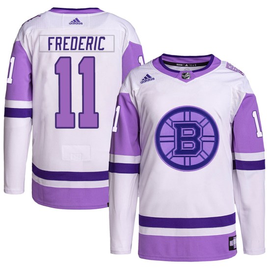 Trent Frederic Boston Bruins Authentic Hockey Fights Cancer Primegreen Adidas Jersey - White/Purple