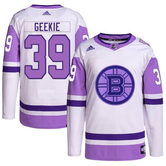 Morgan Geekie Boston Bruins Authentic Hockey Fights Cancer Primegreen Adidas Jersey - White/Purple