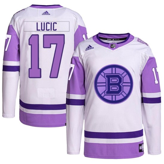 Milan Lucic Boston Bruins Authentic Hockey Fights Cancer Primegreen Adidas Jersey - White/Purple