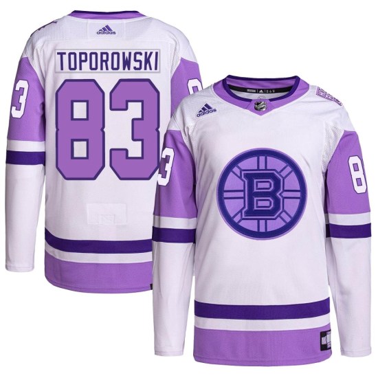 Luke Toporowski Boston Bruins Authentic Hockey Fights Cancer Primegreen Adidas Jersey - White/Purple