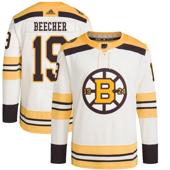 Johnny Beecher Boston Bruins Youth Authentic 100th Anniversary Primegreen Adidas Jersey - Cream