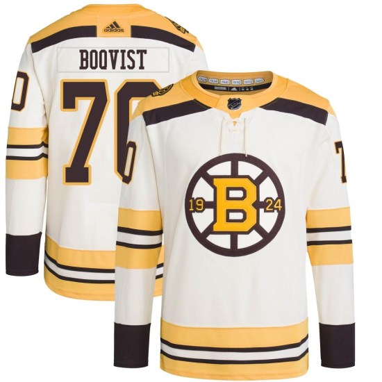 Jesper Boqvist Boston Bruins Youth Authentic 100th Anniversary Primegreen Adidas Jersey - Cream