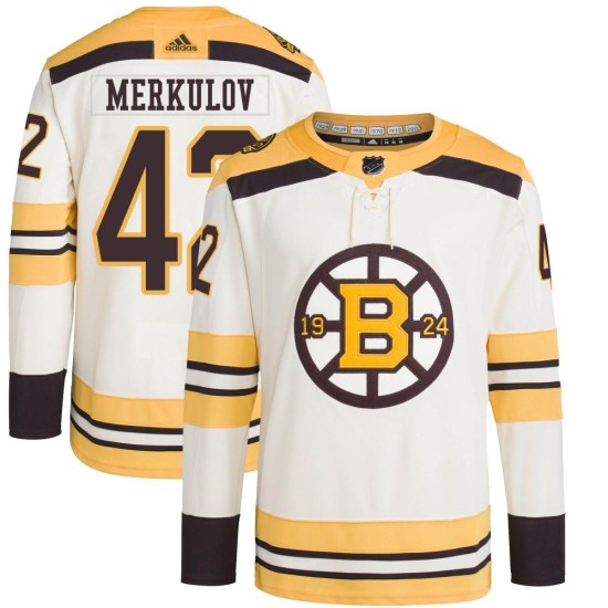 Georgii Merkulov Boston Bruins Youth Authentic 100th Anniversary Primegreen Adidas Jersey - Cream