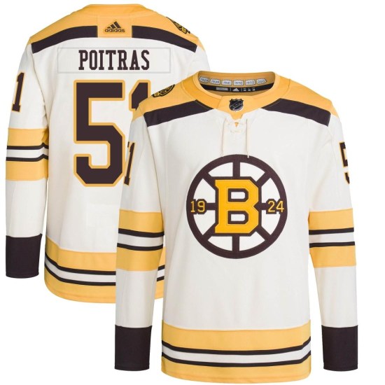 Matthew Poitras Boston Bruins Youth Authentic 100th Anniversary Primegreen Adidas Jersey - Cream