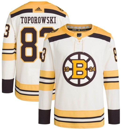 Luke Toporowski Boston Bruins Youth Authentic 100th Anniversary Primegreen Adidas Jersey - Cream