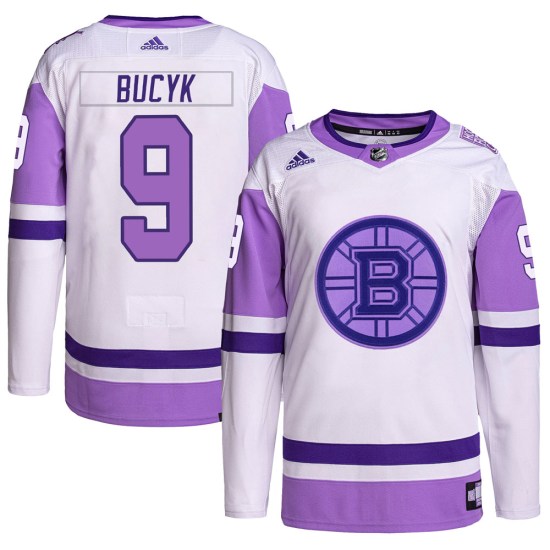 Johnny Bucyk Boston Bruins Youth Authentic Hockey Fights Cancer Primegreen Adidas Jersey - White/Purple